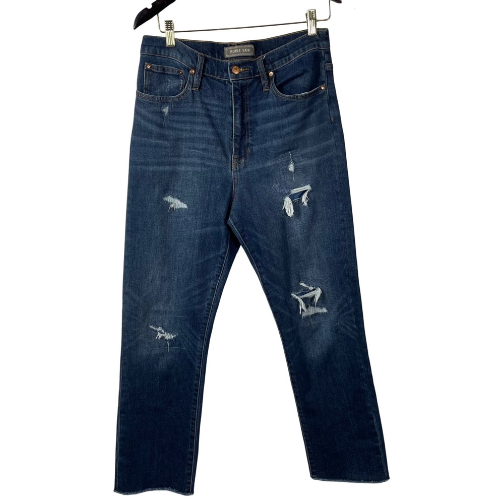 Point Sur Denim Distressed‎ Straight Leg Jeans Medium Wash Raw Hem Women's 29